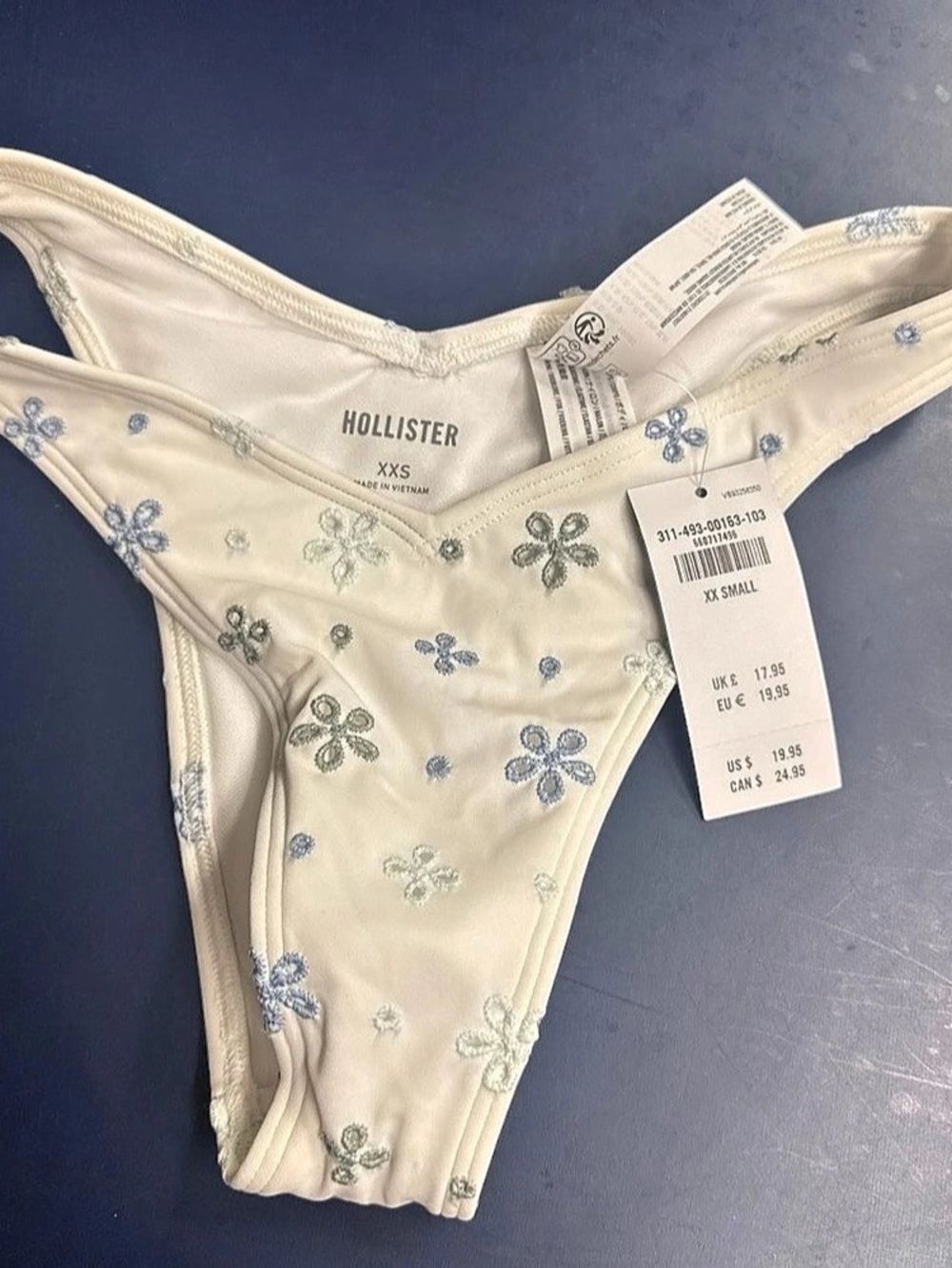 Hollister Embroidered Bikini Bottom Floral Bikini Panty White & Blue Size XS NWT